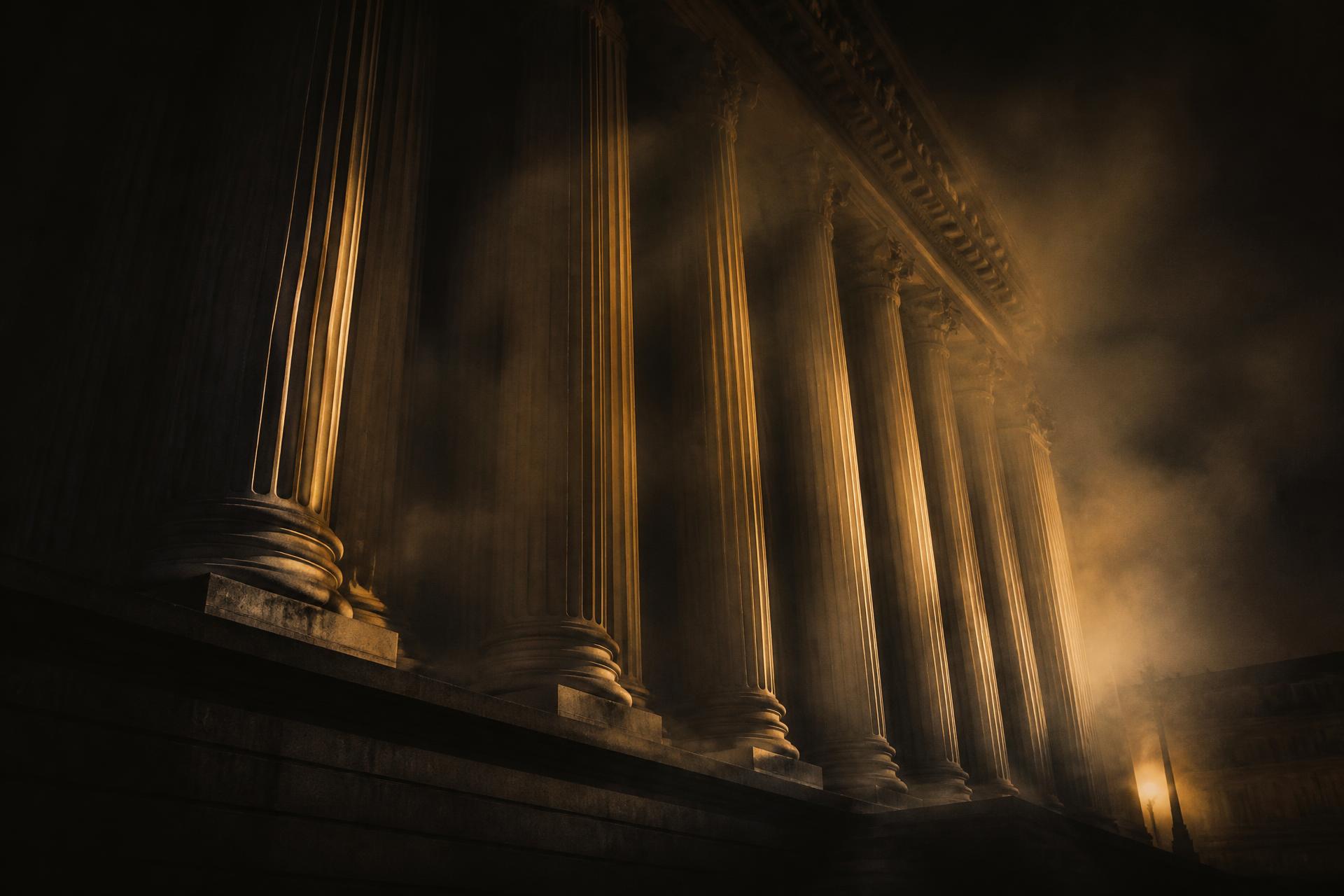 Neoclassical courthouse colonnade at night, lit through fog